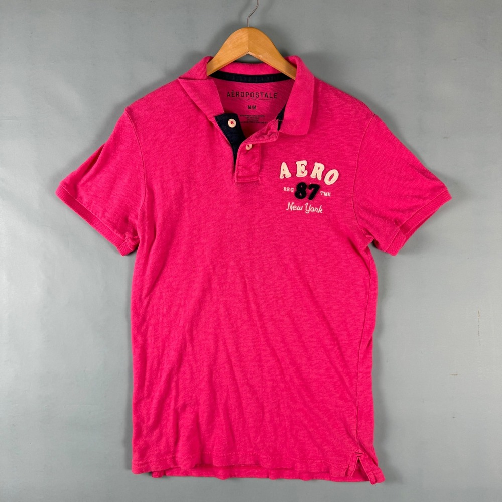Aeropostale Mens M Fits S Hot Pink Aero 87 Applique Short Sleeve Polo Shirt Y2K